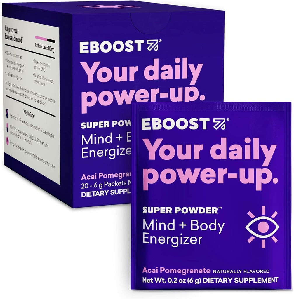 EBOOST Super Energy Powder Drink Mix, Non-GMO Electrolyte Supplement Loaded with Vitamins (Acai Pomegranate), 0.2 Ounce (Pack of 20)