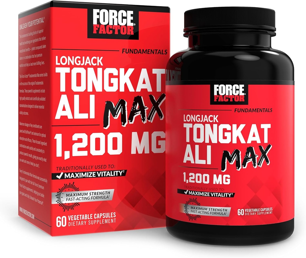 Force Factor Longjack Tongkat Ali Max for Men, Male Stamina and Vitality Supplement Made with Tongkat Ali Extract and Key Natural Ingredients for Superior Absorption, 1200mg, 60 Capsules
