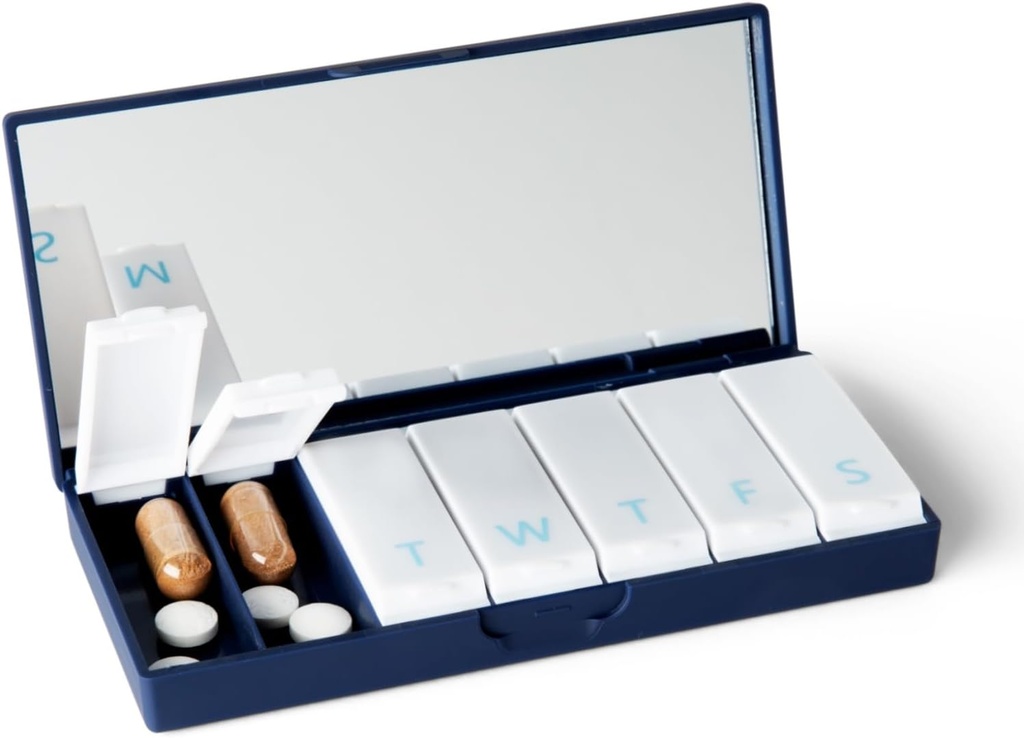 Designer Weekly Pill Box Organizer (Single 1X Daily, Navy) | Compact, Stylish 7-Day Vitamin Supplement Case | Cute Portable Mini Travel Medicine Carrier | BPA-Free Pillbox Caddy