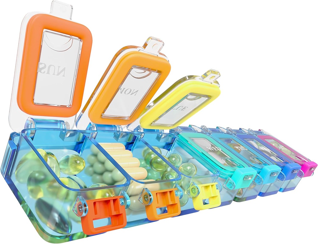 BEXEEN Weekly Medicine Pill Organizer Waterproof 7 Day Large Pill Box Daily Pill Case Cute Vitamin Organizer Portable Pill Container Travel Pills Holder XL Supplement Medication Dispenser One a Day