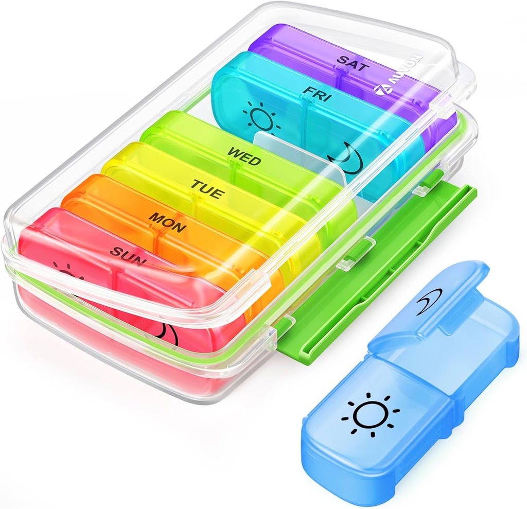 AUVON Pill Box 2 Times a Day with Moisture-Proof Design, Weekly Pill Organizer AM PM with Portable Pocket Slots, Pill Case 7 Day with Dual Protection for Vitamin, Medicine, Medication, and Supplement