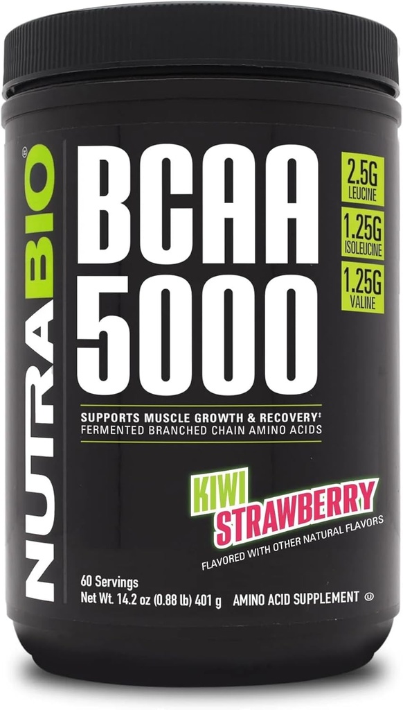 [BRSWGYYDOZ7BMYLB] NutraBio BCAA 5000 Powder - Vegan Fermented BCAAs - Supports Lean Muscle Growth, Recovery, Endurance - 60 Servings - Kiwi Strawberry