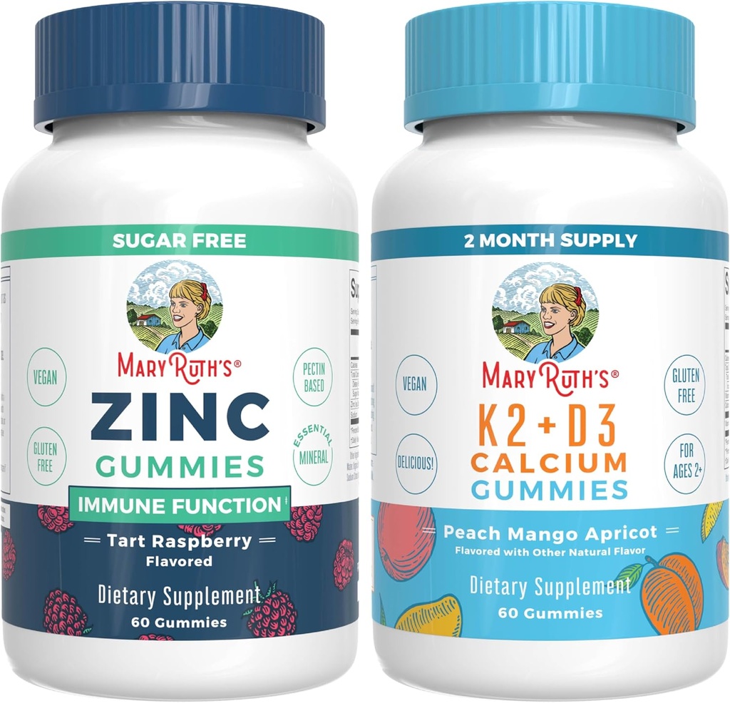 [BRSRAGA5BMCBEFLO] MaryRuth Organics Zinc (Tart Raspberry) & Vitamin K2+D3 Calcium Gummies (Peach Mango & Apricot) | Clean Label Project Verified® | Vitamins for Immunity & Joint and Bone Health | Vegan, Non-GMO
