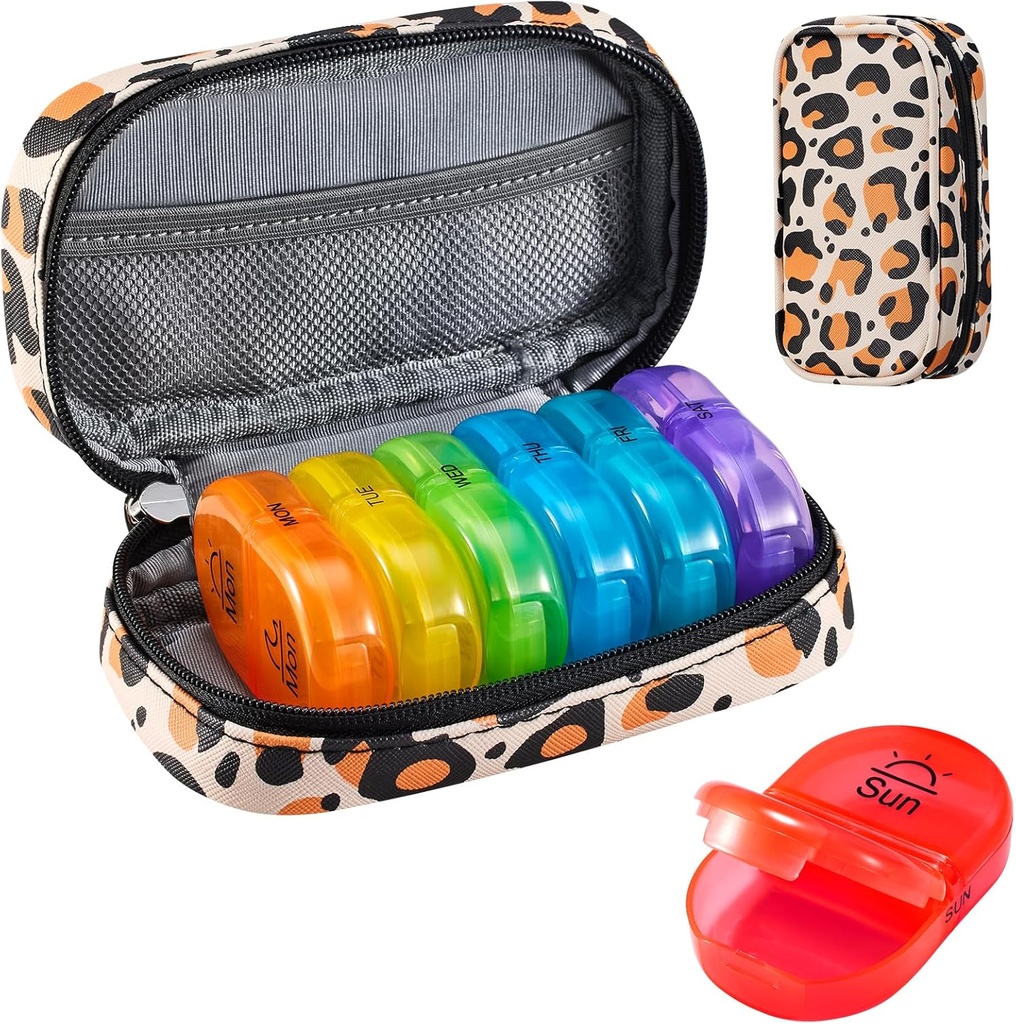 Serfeymi Weekly Travel Pill Organizer 2 Times A Day AM PM Upgraded Rainbow Pill Box 7 Day with Portable Zipper PU Leather Pill Case, Medicine Organizer for Pills, Vitamins, Fish Oils - Brown 02