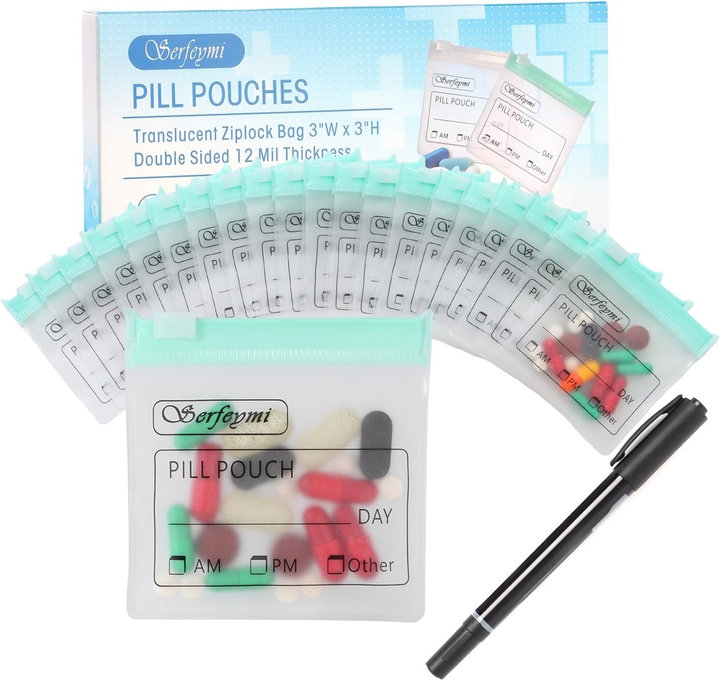 Serfeymi 32 Pcs Zippered Pill Pouches Organizer Plastic Bags 3 X 3 Inches 12 mil Self Sealing with Slide Lock Writable Label Translucent Travel Medicine Storage Bag Case and 1 Pc Marker-Green