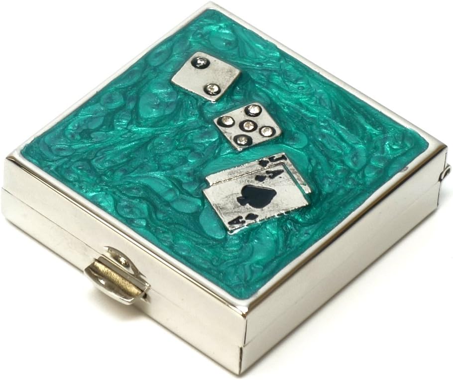 9339 Square Small Pill Box Organizer Aqua Green Silver Dice & Cards Women Travel Pill Case Purse Pocket Container Daily Portable Medicine Vitamin Box Medication Supplement Mini Storage