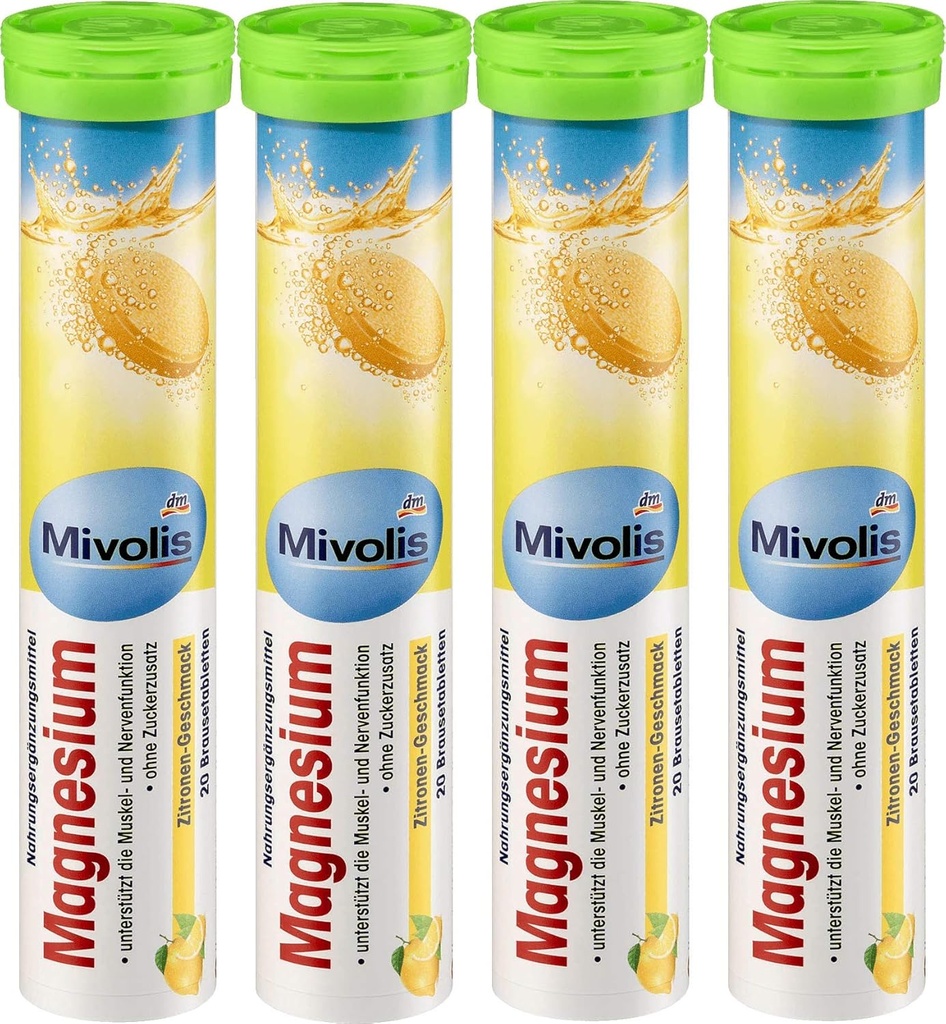Mivolis Magnesium effervescent Tablets - Dietary Supplements 4 Packs x 20 pcs | Germany