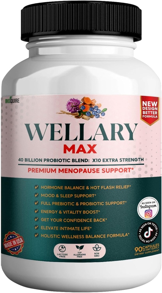 Wellary Max Menopause Support Supplement, 40 Billion CFU Probiotic Blend, 90 Capsules (1)