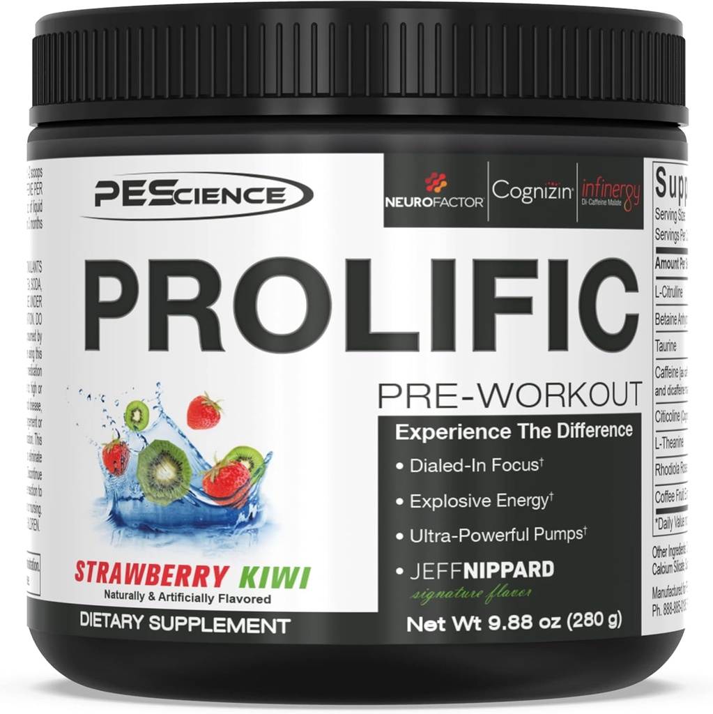 PEScience Prolific Pre Workout Powder, Strawberry Kiwi, 40 Scoop, Energy Supplement with Nitric Oxide