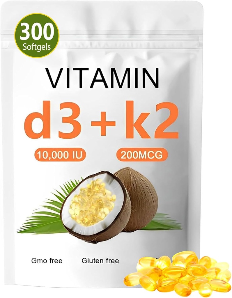 Vitamin D3 K2 10000 IU, 2-in-1 Vitamin D3 K2 Supplement Softgel, 10000 IU VIT D3 + 200 MCG Vitamin K2, Replenish Vitamin D3 K2 Coconut Oil Softgels, Vitamin D3 K2 Supplement Softgel