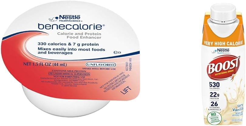 Calorie and Protein Enhancer - Unflavored (330 Calories, 7g Protein) - 1.5 fl oz Cups & Boost Very High Calorie Vanilla Nutritional Drink – 22g Protein, 530 Nutrient Rich Calories, 8 Fl Oz