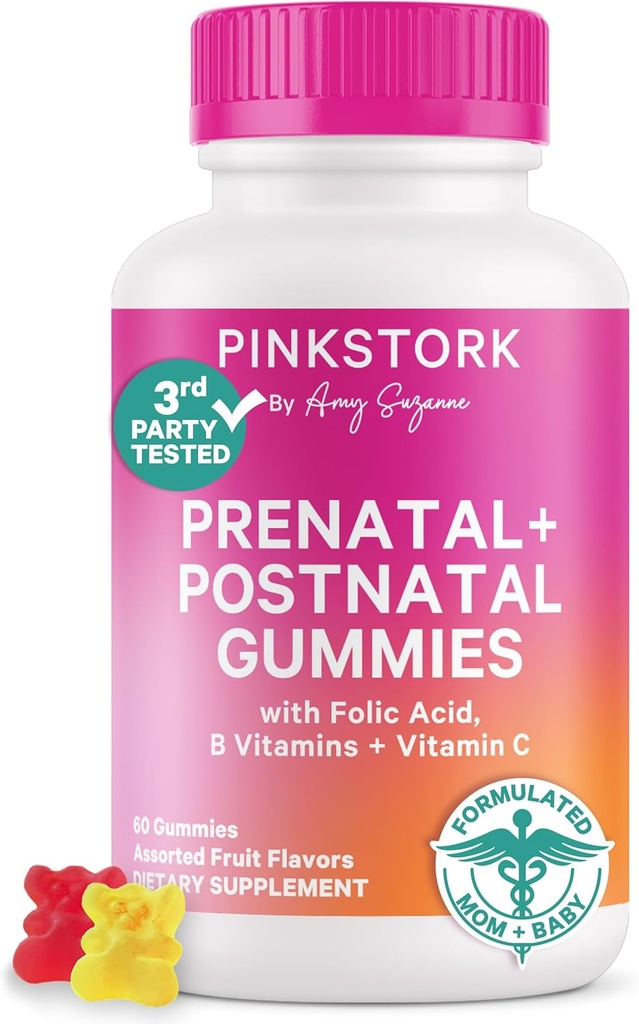 [BRSRAAQRCQMWC3LO] Pink Stork Fertility + Prenatal + Postnatal Gummy Vitamins – Full Motherhood Journey Support – Multivitamin with Folate, B Vitamins, Zinc & Biotin – 60 Assorted Fruit Gummies