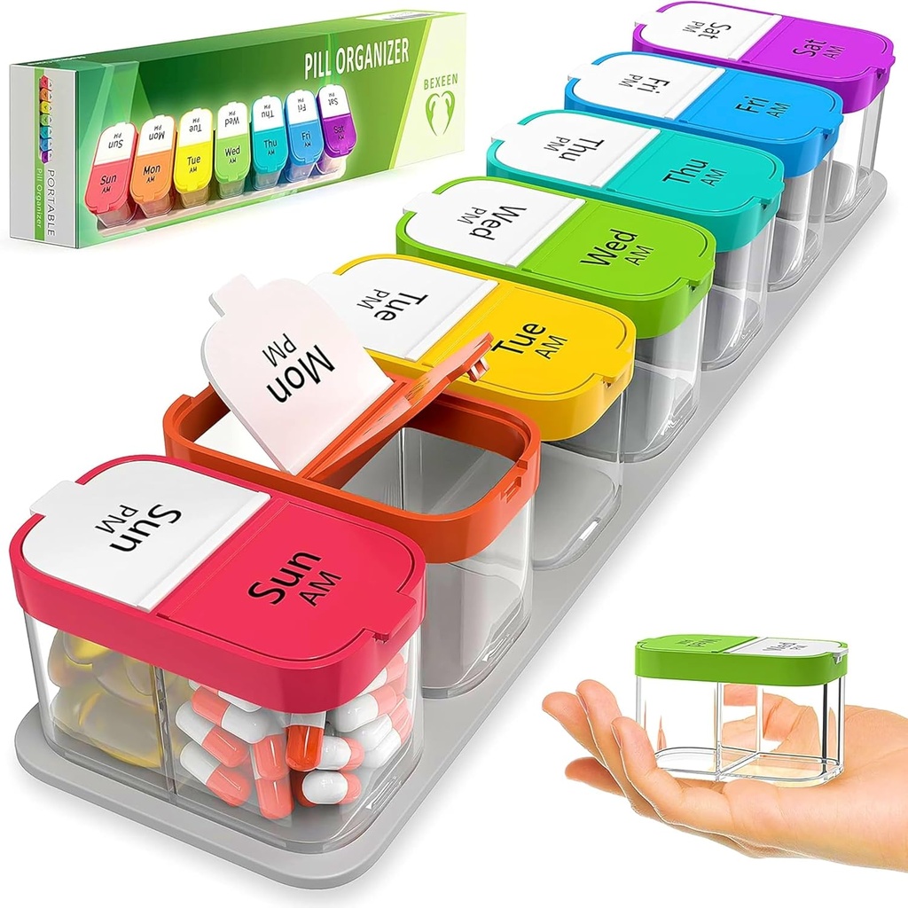 Extra Large Weekly Pill Organizer - XL Vitamin Holder with 7 Detachable AM PM Compartments - Portable Medicine Dispenser for Home and Travel, Big Supplement Container for Weekly or Daily Use, Rainbow
