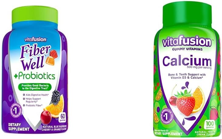 [BRSRAYYYBV7G2HTD] Vitafusion Fiber Well Probiotics Gummies Adults 60 Count & Calcium Gummy Vitamins Bone Teeth Support Fruit Cream Flavored 100 Count