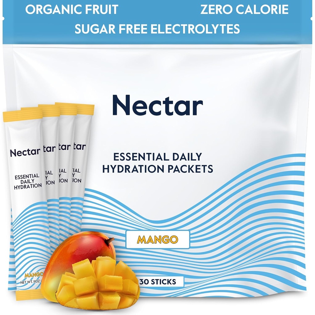 Nectar Hydration Packets - Electrolytes Powder Packets - Sugar Free & 0 Calorie - Organic Fruit Liquid Daily IV Hydrate Sticks for Dehydration Relief & Rapid Rehydration (Mango 30 Pack)