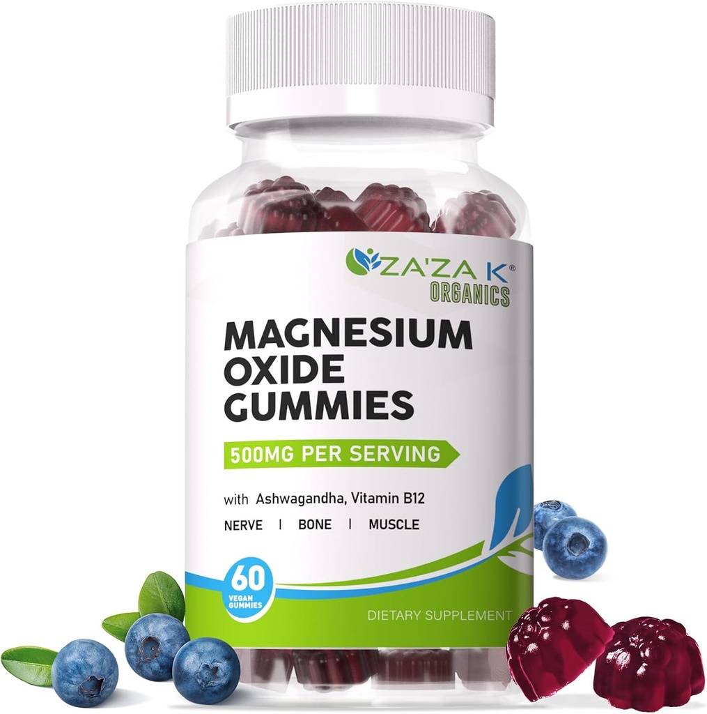 ZA'ZA K ORGANICS Magnesium Oxide Gummies, Magnesium Oxide 500mg with Ashwagandha & Vitamin B12 for Sleep, Nerve, Muscle, Bone & Heart Health, Magnesium Chewable Supplement for Adults Kids, Vegan, 60