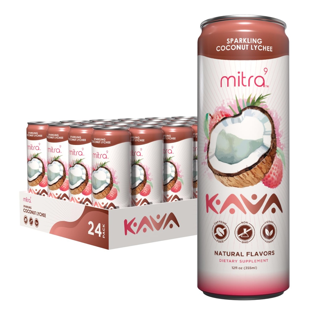 MITRA-9 Botanical Beverages - Coconut Lychee Sparkling Kava Drink With Kava Root Extract - Mood Enhancer - Plant Based - Promotes Natural Calm & Clarity (12 Fl. Oz) (24)