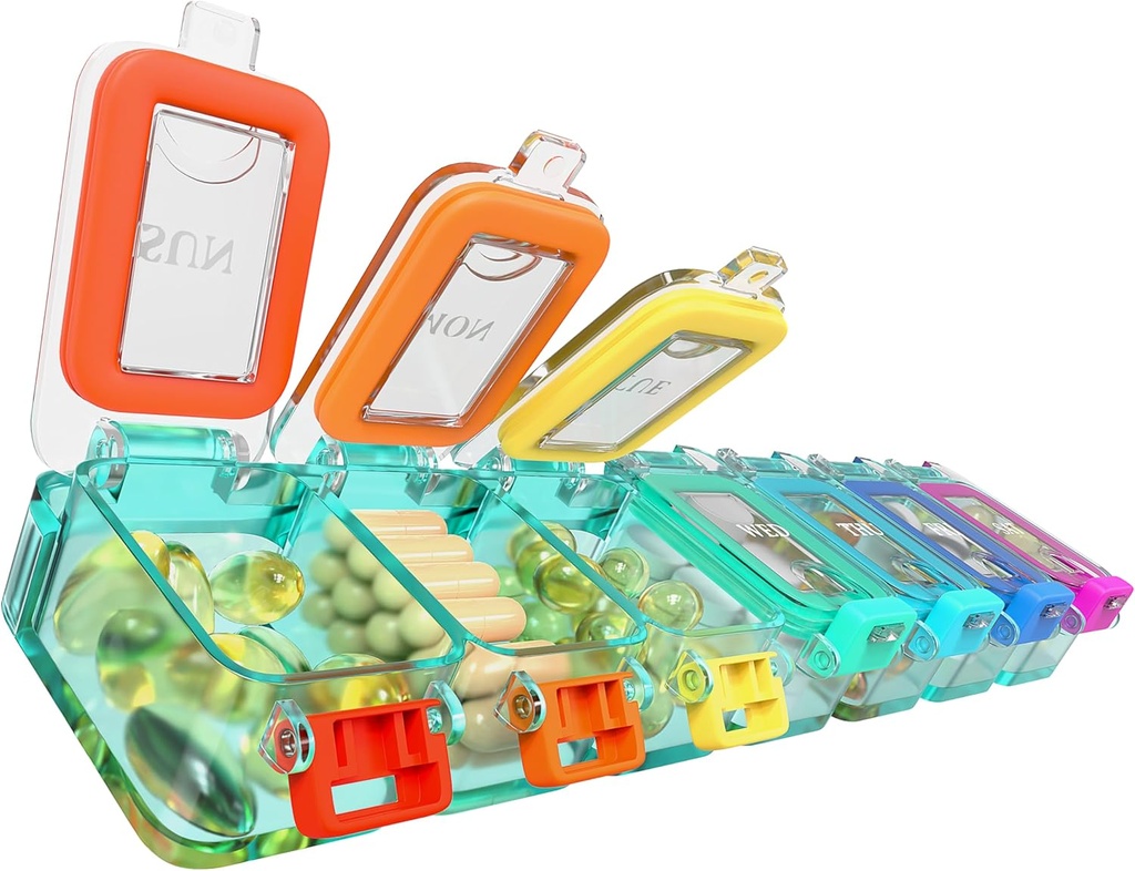 BEXEEN Weekly Medicine Pill Organizer Waterproof 7 Day Large Pill Box Daily Pill Case Cute Vitamin Organizer Portable Pill Container Travel Pills Holder XL Supplement Medication Dispenser One a Day