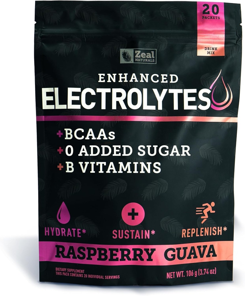Enhanced Electrolyte Powder Stick Packs (Raspberry Guava | 20 Packets) w/ 0 Sugar +BCAAs +B-Vitamins Electrolyte Supplement w Potassium Zinc & Magnesium for Hydration - Keto Electrolytes