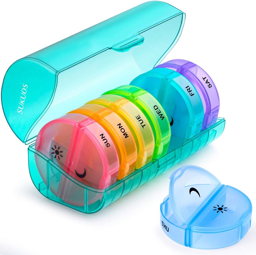 Sukuos Large Weekly Pill Organizer 2 Times a Day, Daily Pill Box 7 Day Easy to Open with Double Protection, AM PM Pill Case for Medicine/Vitamin/Fish Oil/Supplements (Cyan)