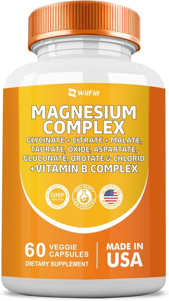 Magnesium Complex Supplement, Clycinate 141mg Oxide 228mg Malate 58.5mg Citrate 62.4mg with Orotate Glycina Taurate Chloride Aspartate Gluconate Vitamin B, Mineral Supplements 60 Capsules
