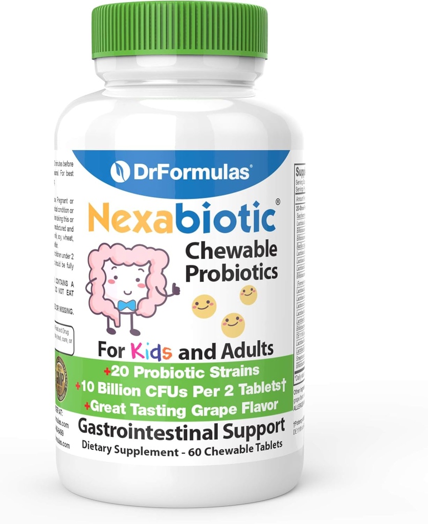 DrFormulas Chewable Probiotics for Kids & Adults | for Oral Dental Health, Bad Breath, & Better Digestion 20 Multi Strain - S boulardii, Lactobacillus plantarum and Bifidobacterium infantis, 60 Chews