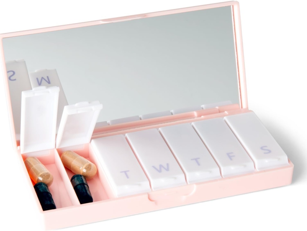 PORT X POLISH Designer Weekly Pill Box Organizer (Single 1X Daily, Blush Pink) | Compact, Stylish 7-Day Vitamin Supplement Case | Cute Portable Mini Travel Medicine Carrier | BPA-Free Pillbox Caddy