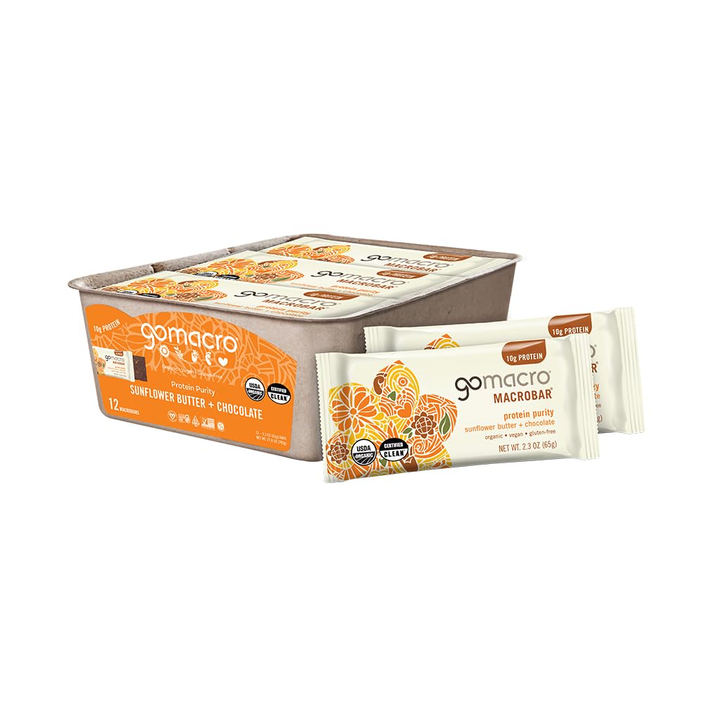 GoMacro MacroBar Organic Vegan Protein Bars - Sunflower Butter + Chocolate (2.3 Ounce Bars, 12 Count
