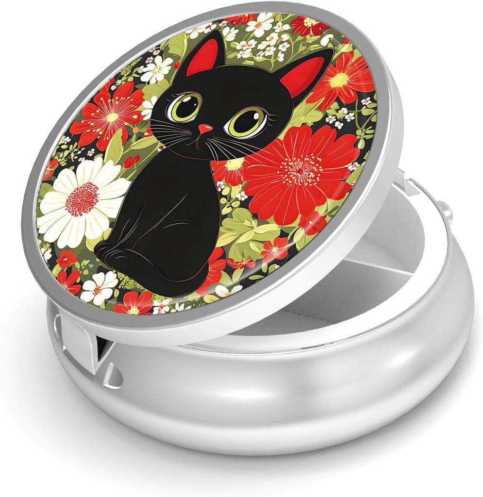 Pill Box-3 Compartment Small Pill Case for Purse & Pocket Mini Metal Pill Holder Travel Pill Container to Hold Supplements Vitamins BPA-Free (Cute Cat)