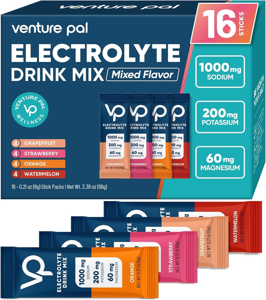 Venture Pal High Sodium Sugar Free Electrolytes Powder Packet - Hydration Packets with Vitamin, Sodium & Potassium | Zero Calories | Vegan, Keto & Paleo Friendly Electrolyte Drink Mix - 16 Sticks