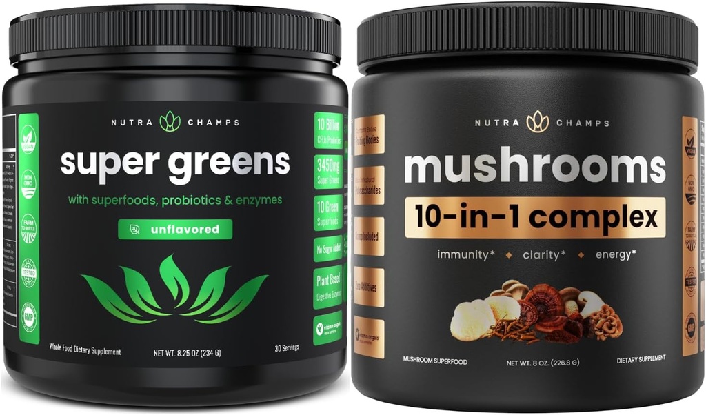 NutraChamps Super Greens Unflavored & Super Mushrooms: Ultimate Brain, Gut & Body Boost