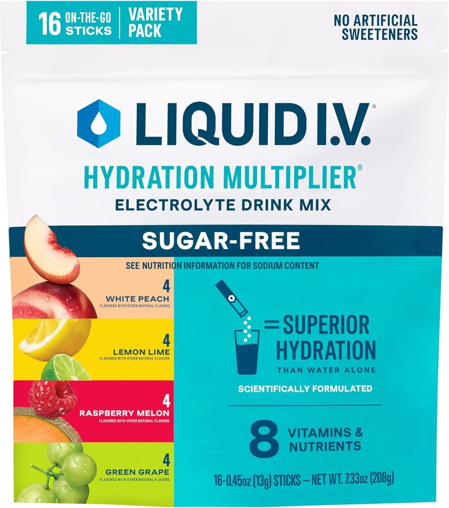 Liquid I.V.® Hydration Multiplier Sugar-Free Variety Pack - Raspberry Meon, Lemon Lime, White Peach, Green Grape (Variety Pack)