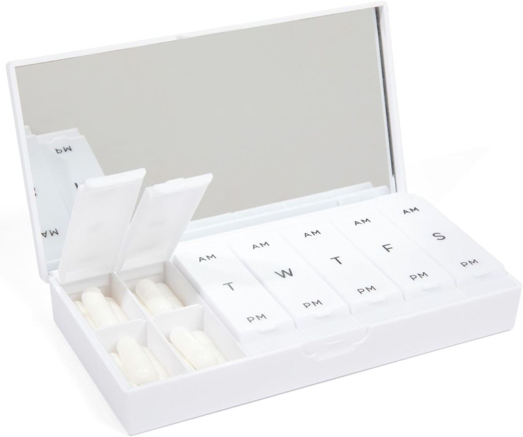 Designer Weekly Pill Box Organizer (AM/PM 2X Daily, Crisp White) | Compact, Stylish 7-Day Vitamin Supplement Case | Cute Portable Mini Travel Medicine Carrier | BPA-Free Pillbox Caddy