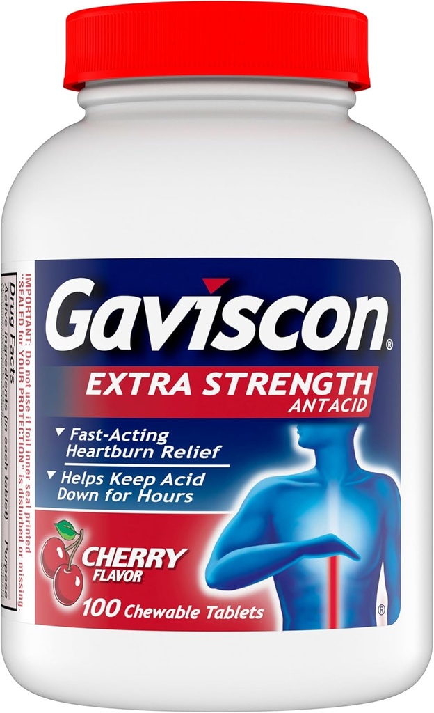 Gaviscon Extra Strength Cherry Chewable Tablet For Fast-Acting Heartburn Relief, 100 Count
