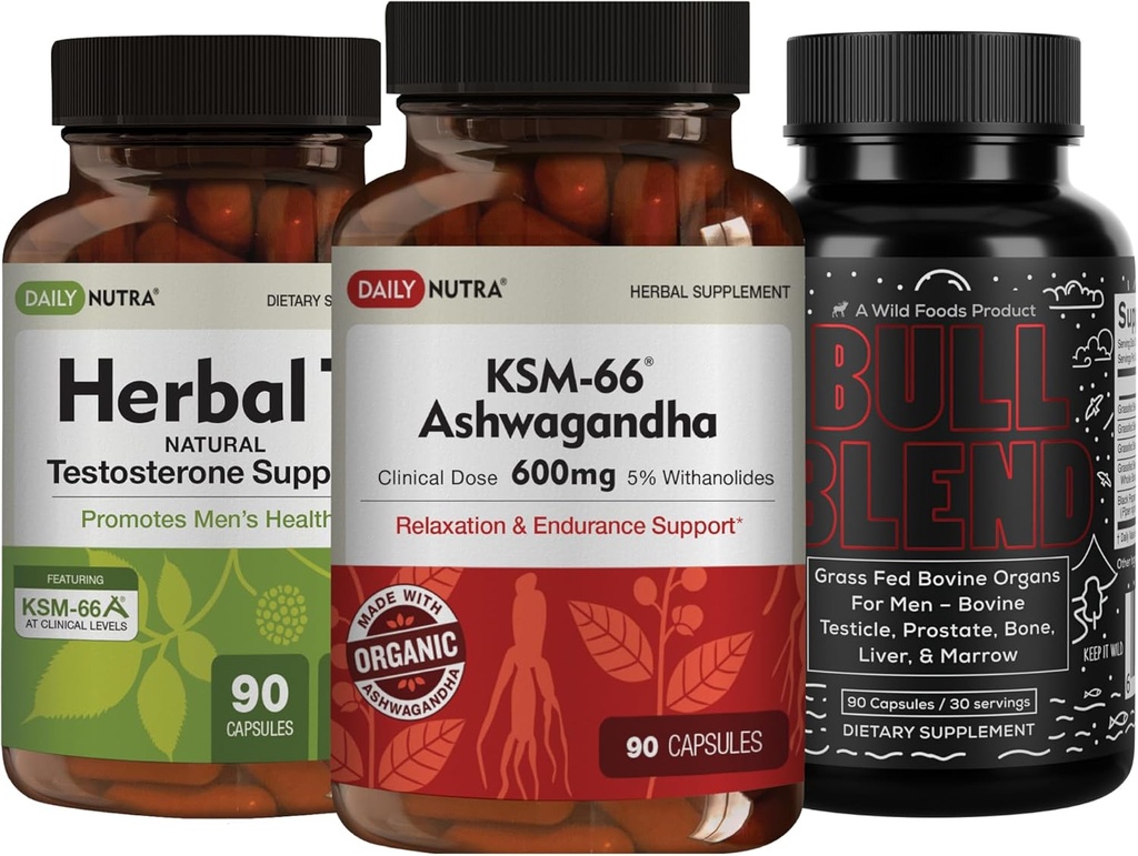 KSM 66 Ashwagandha (90 Capsules), Bull Blend Complex (90 Capsules), and Herbal T Formula Bundle for Vitality & Energy