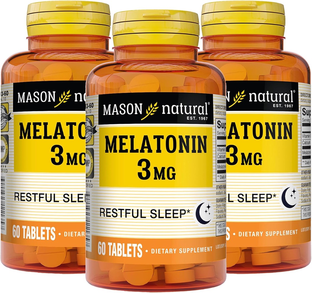 MASON NATURAL Melatonin 3 mg with B6 & Calcium, Natural Sleep Aid, Supports Restful Sleep, 60 Tablets (Pack of 3)