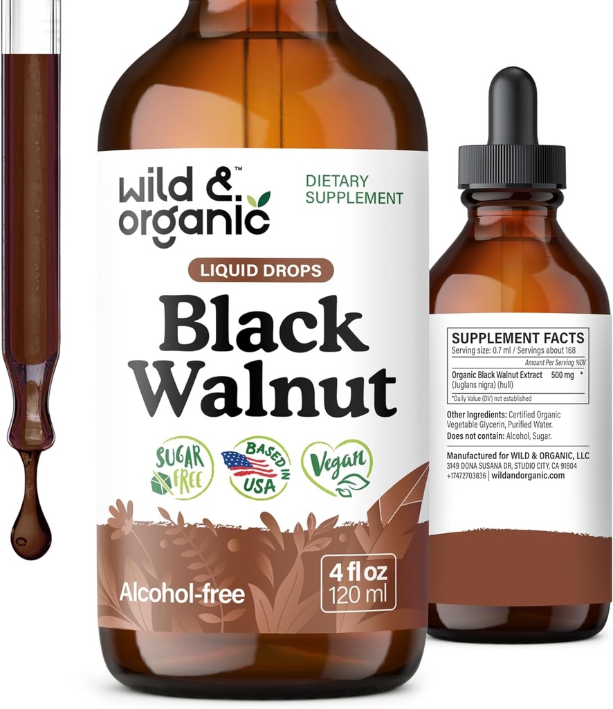 Wild & Organic Black Walnut Tincture - Detox Cleanse w/Black Walnut Hull Extract - Herbal Supplement for Gut Cleanse Detox and Digestive Well-Being - Vegan, Sugar & Alcohol-Free - 4 fl oz