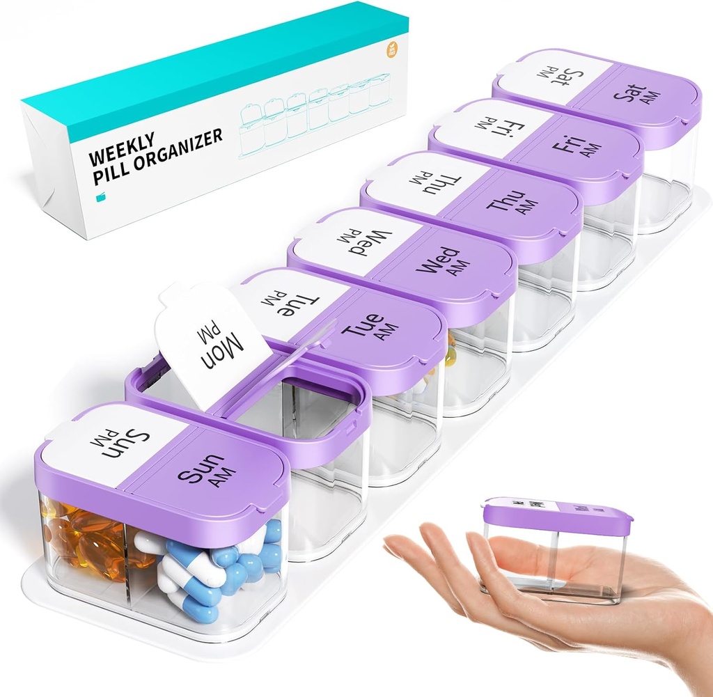 Odaro Extra Large Weekly Pill Organizer 2 Times A Day, Pill Box 7 Day Am Pm to Hold Daily Medicine Vitamin and Supplements - Purple