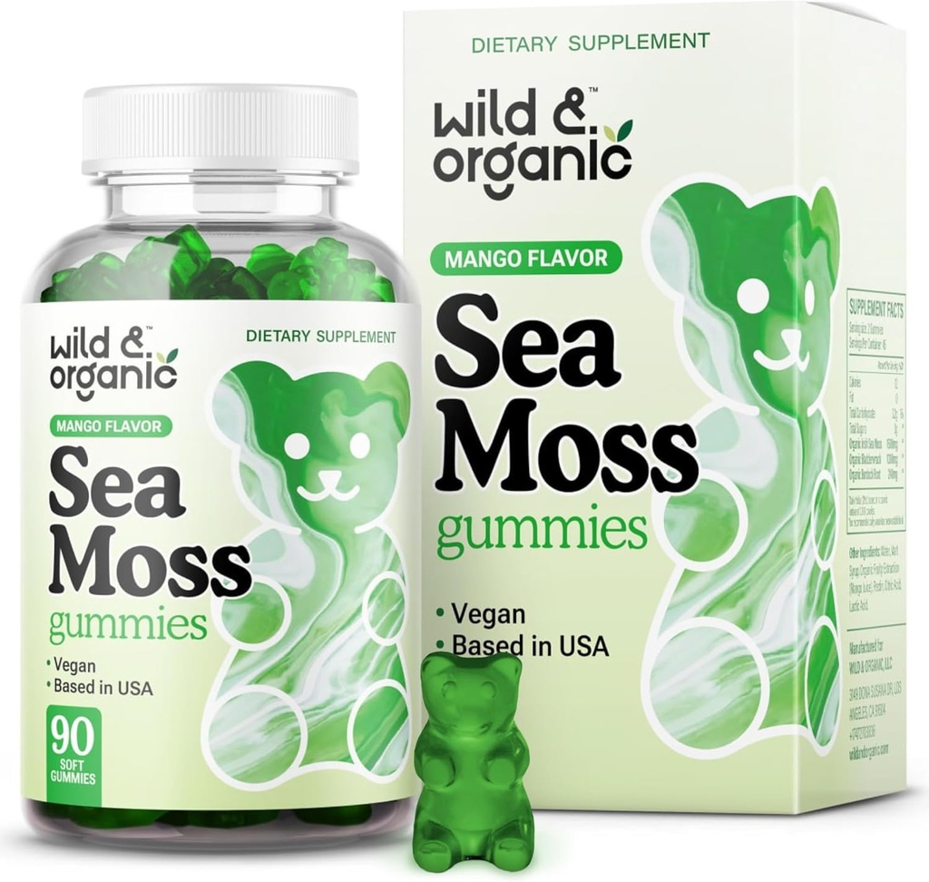 Wild & Organic Irish Sea Moss Gummies 1600 mg - Complex w/Bladderwrack and Burdock Root - Sea Moss Gel Chews for Overall Support - Chondrus Crispus - 90 Vegan, Non-GMO Seamoss Gel Gummies