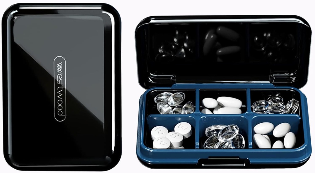 DUBSTAR Travel Pill Organizer Moisture Waterproof Small Pill Box for Pocket Purse 6 Compartments Portable Pill Case Medicine Vitamin Holder Container,Black