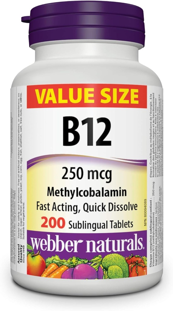 [BRSWYZQNBECRYCLH] Webber Naturals Vitamin B12 250 mcg Methylcobalamin, 200 Sublingual Tablets