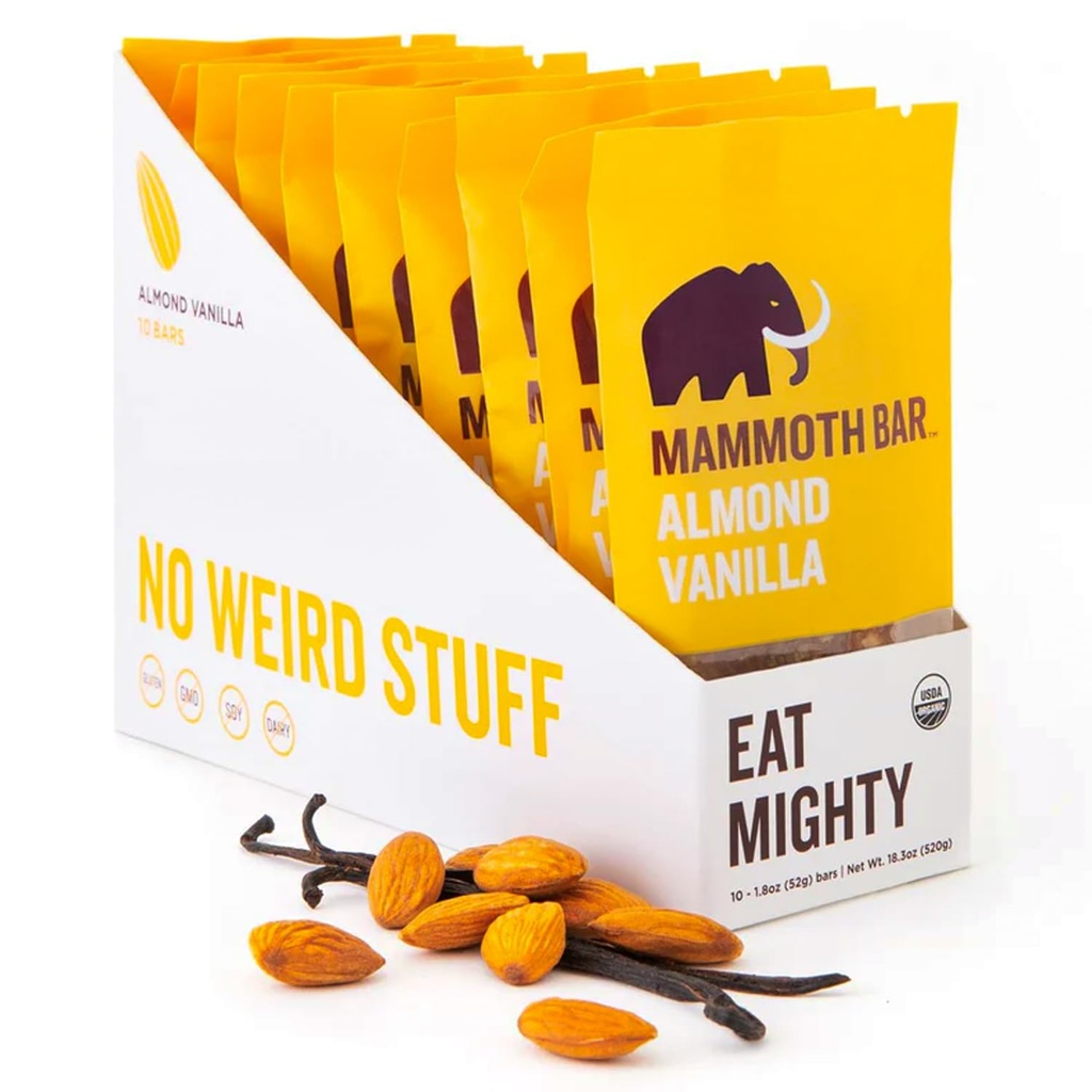 [BRSWGHA7CAIWYC3P] Mammoth Bar Almond Vanilla Bar - 10 Organic Protein Bars – Prebiotic • Paleo • Gluten Free • Egg Protein • GMO Free • Raw • Premium Nuts