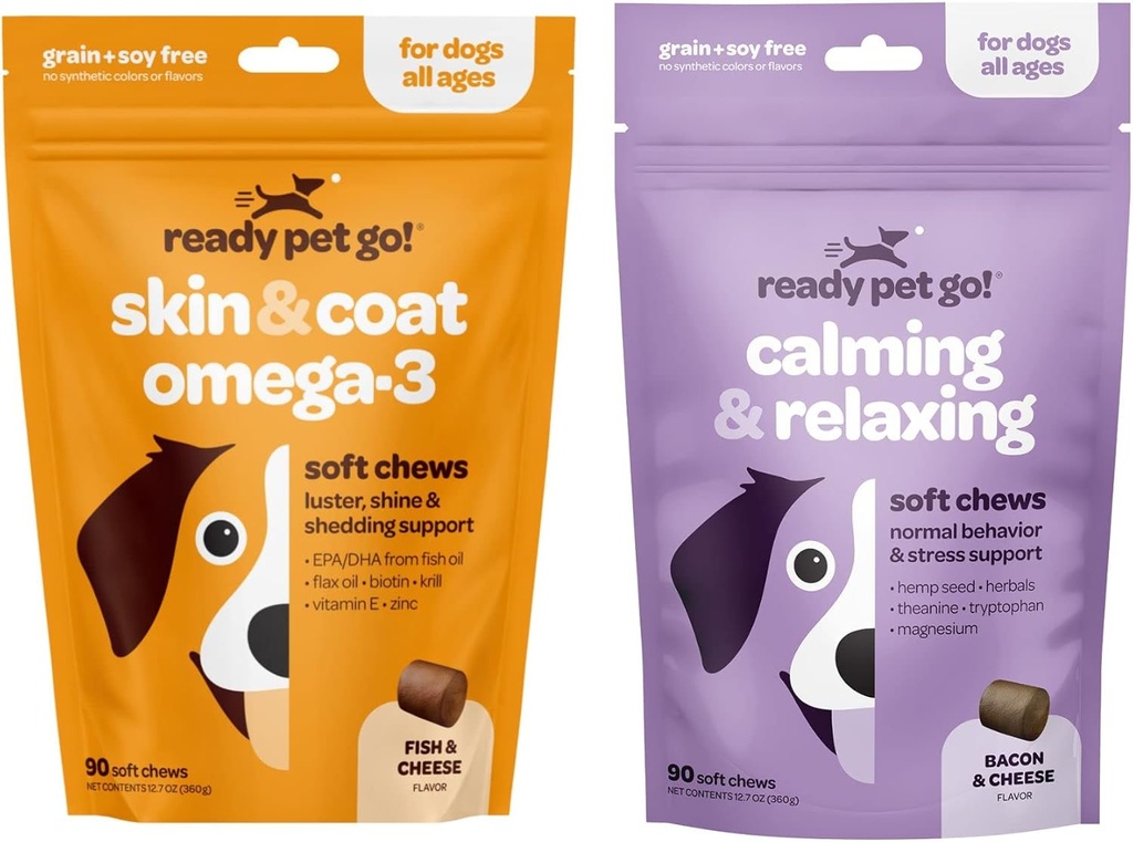 Omega 3 + Calming Chews for Dogs | Helps with Dog Anxiety, Separation & Barking | Fish Oil for Dog Shedding, Skin Allergy, Itch Relief | 90 Chews Each