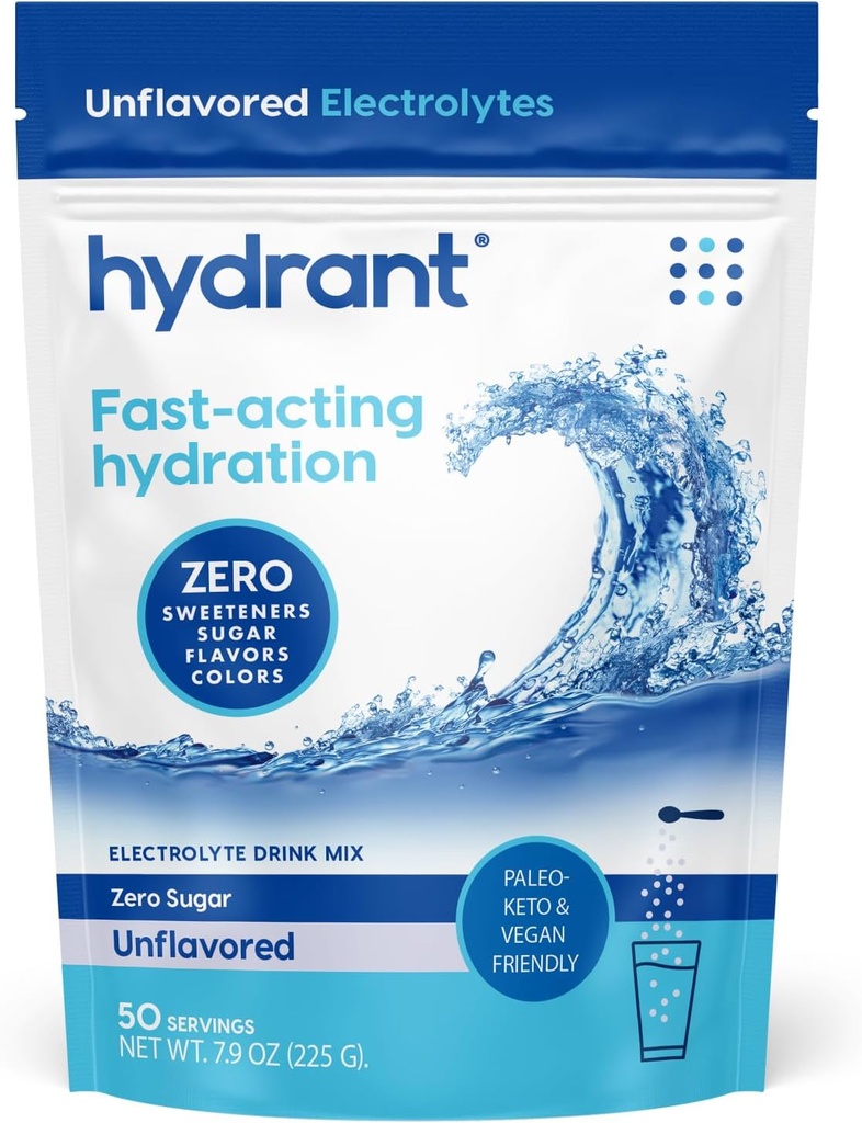 HYDRANT Bulk Unflavored Electrolytes, Fast Acting Hydration with Zero Sugar, Extremely Subtle Taste, Electrolyte Drink Mix (50 Servings, Unflavored)