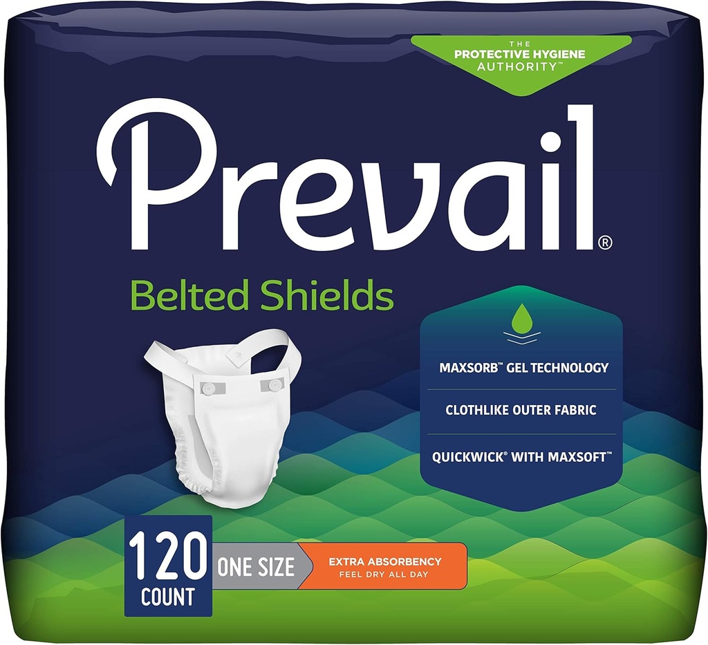 Prevail Incontinence Unisex Belted Shields, Disposable Adult Belted Shield for Men & Women - Extra Absorbency - 120 Count (4 Packs of 30)