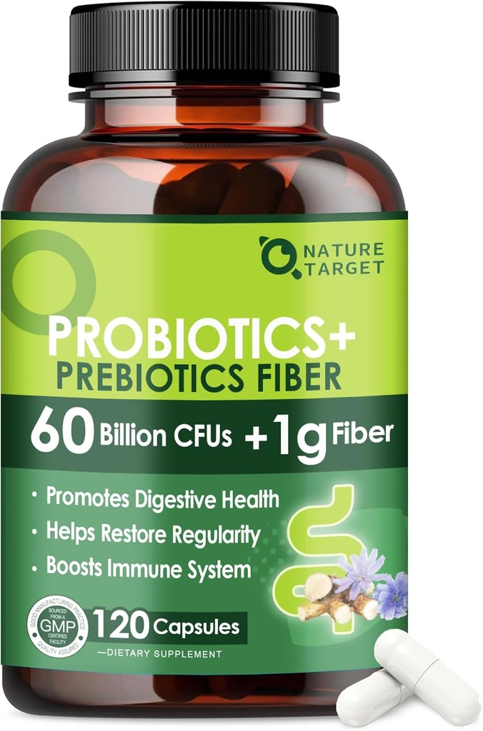 [BRSRAYABBYFWCYLD] Probiotics for Women & Men Digestive Health with Prebiotic Fiber - Fiber Supplement with 60 Billion Probiotic for Regularity & Gut Cleanse - Supports Occasional Constipation - 120 Veggie Capsules
