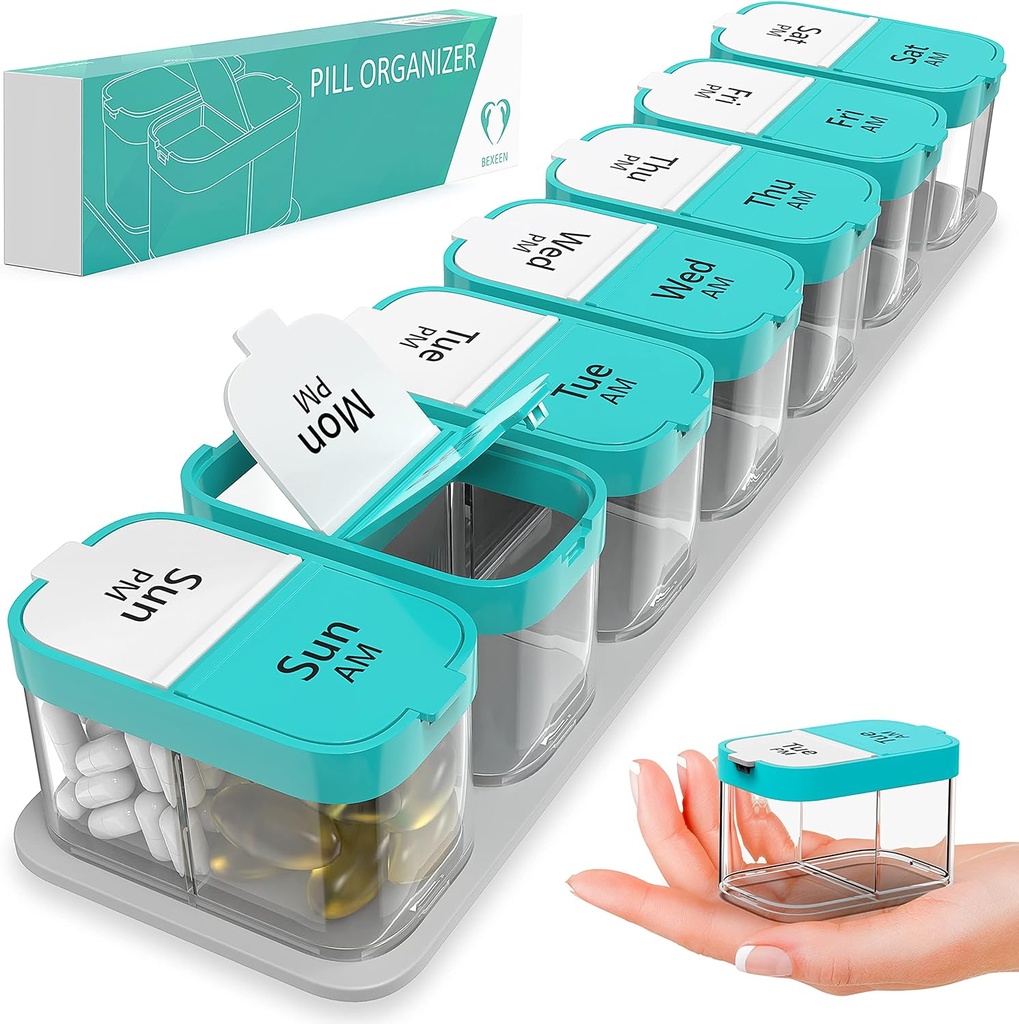 Extra Large Weekly Pill Organizer - XL Vitamin Holder with 7 Detachable AM PM Compartments - Portable Medicine Dispenser for Home and Travel, Big Supplement Container for Weekly or Daily Use, Mint