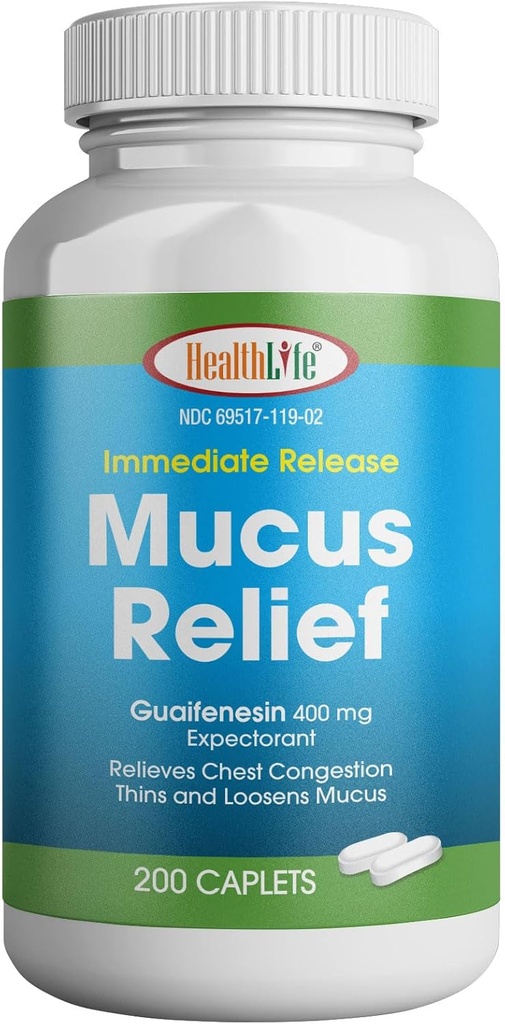 HEALTH LFE Mucus Relief Guaifenesin Caplets 400 mg, Immediate Release Fast Acting Expectorant, Thin and Loosens Mucus, Relieves Chest Congestion, Cough, Cold and Flu (Medium, 200 Count)