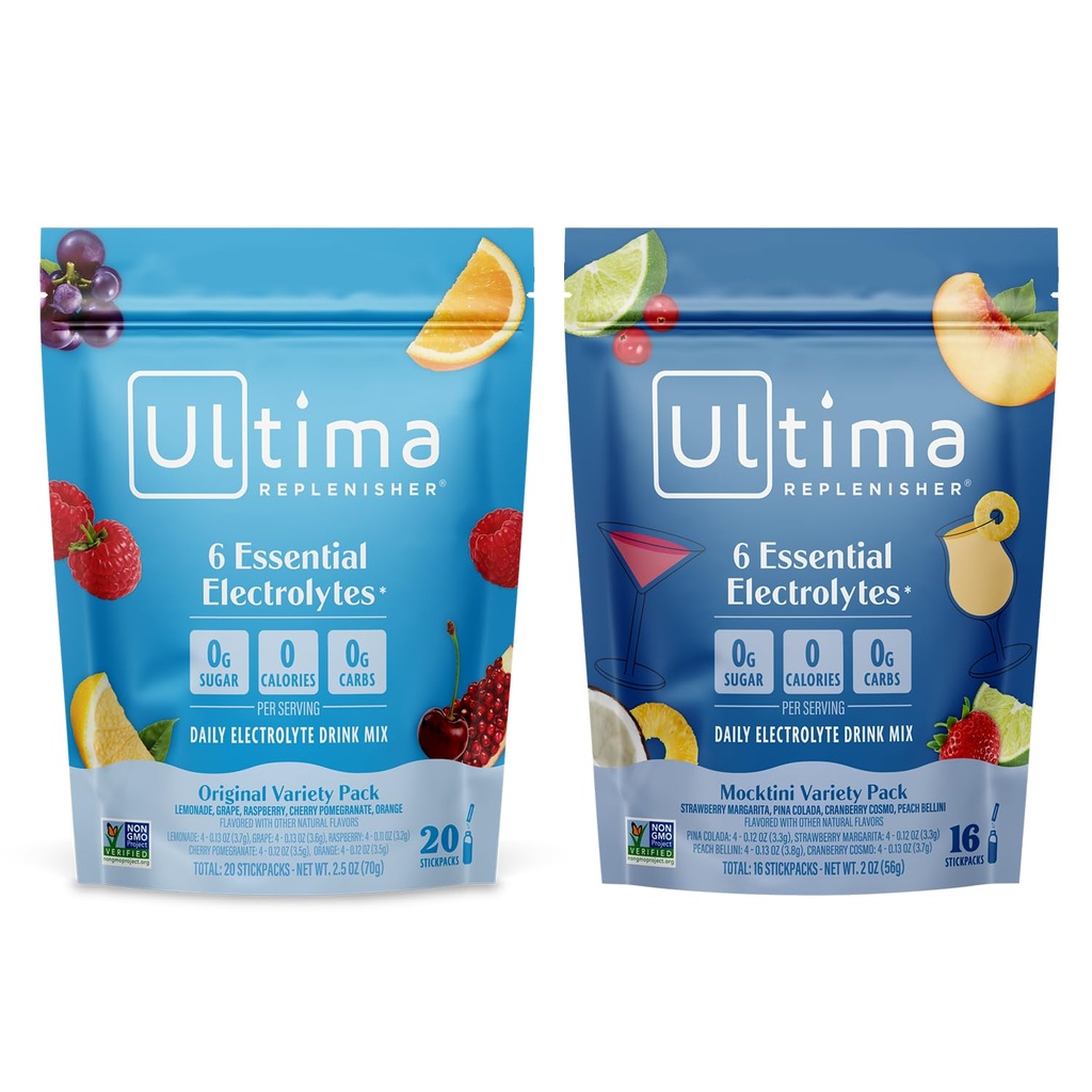 Ultima Replenisher Daily Electrolyte Powder Drink Mix – Sugar Free – Mocktini Variety and Original Variety, 36 Stickpacks – Hydration Packets with 6 Electrolytes and Minerals – Keto, Non-GMO