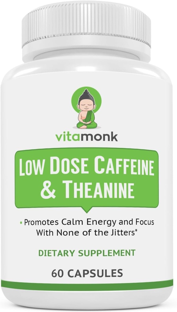 VitaMonk Low Dose Caffeine and Theanine - No Jitters, No Crash- Microdose of Caffeine L Theanine Pills with Caffeine Theanine and Theobromine - 25mg of Caffeine, Caffeine Pills L Theanine - 60 Caps